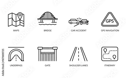 Set of Line Icons Depicting Transportation Infrastructure and Navigation Elements Featuring Maps Bridge Car Accident and GPS Navigation Representing Travel and Directions