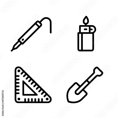 Vector Illustration Featuring Soldering Iron Lighter Triangle Ruler and Shovel Black and White Line Art Design Tools and Instruments