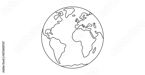 Minimalist World Map Line Drawing: Black Outline of Continents Centered on Atlantic Ocean, Featuring Europe, Africa, Americas, and Asia