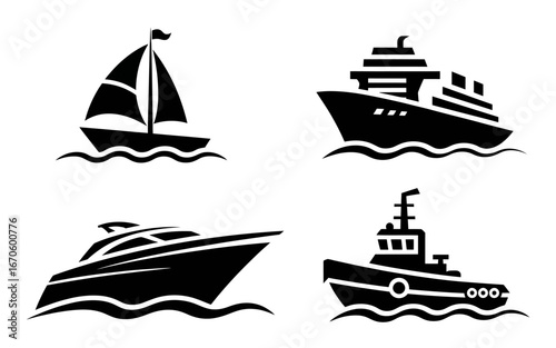 Various Types of Watercraft Silhouette Illustration featuring a sailboat a cruise ship a speedboat and a tugboat on white background