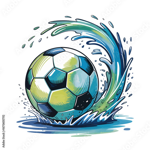 Dynamic Soccer Ball Illustration with Water Splash Energetic Football Game Design Artistic Sporting Event Creative Visual Detailed Graphic Element Isolated on White
