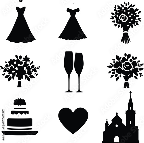 A collection of wedding themed icons including dresses, bouquets, cake, heart, church and champagne flutes