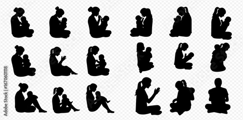 Collection of silhouette illustrations depicting women sitting, some holding babies, others meditating or in prayer.