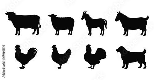 Farm Animal Silhouette Set: Cow, Sheep, Goats, Rooster, Hen, Turkey, and Dog Icons in Black for Agriculture, Education, and Design Use