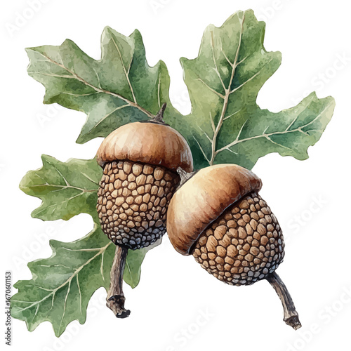 Acorn And Leaf Cluster, watercolor painting vector, isolated on a white background.