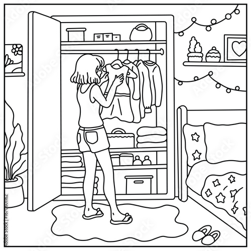 Teenager Girl Choosing Clothes from the Closet Coloring Page