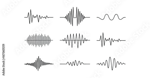 Waveform Icon Set: Grayscale Signal Patterns in 3x3 Grid Featuring Sinusoidal, Jagged, and Complex Audio or Data Wave Shapes