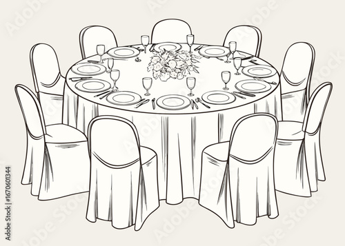 Elegant round dining table setting with floral centerpiece and draped chairs