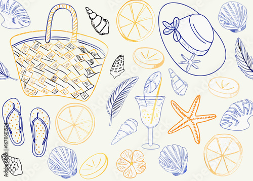 Summer beach vacation pattern with hat flip flops seashells and drink