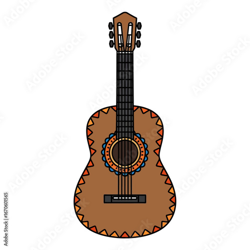 Detailed illustration of a brown acoustic guitar with decorative patterns.