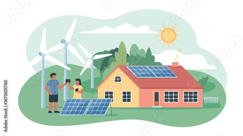 People with solar panels and wind turbines near a house promoting renewable energy sources on a sunny day