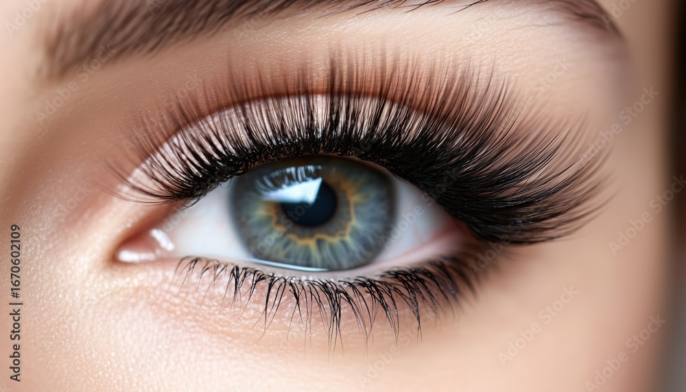 Obraz premium Close-Up Macro Of Female Eye With Dramatically Long False Eyelashes And Black Eyelash Extensions: Makeup, Beauty, Cosmetics With Copy Space.