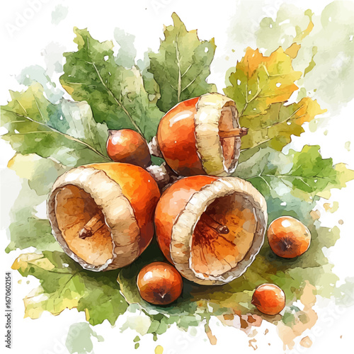 Acorns, watercolor painting vector, isolated on a white background.