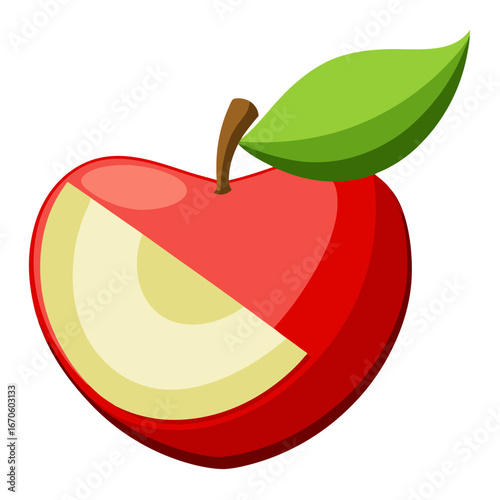 Vibrant cartoon apple with slice removed, perfect for healthy eating, food blogs, and educational materials, featuring a delicious and appetizing red fruit illustration