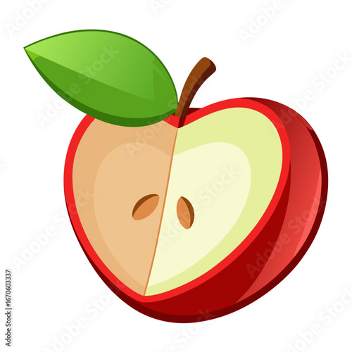 Freshly sliced vibrant red apple with green leaf, perfect for health, wellness, and nutrition projects, eye-catching and ideal for educational materials and food blogs