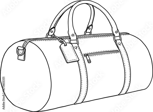 Black and white duffel bag illustration, hand-drawn travel bag design, outline sketch for fashion, luggage, gym, and accessory branding.