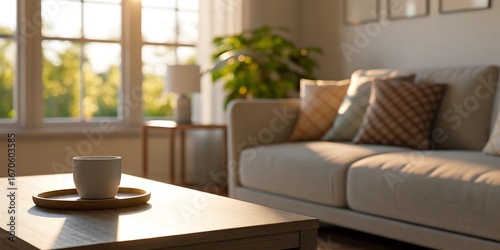 A bright and cozy living room interior with a comfortable sofa, coffee table, and natural light streaming through the window, creating a serene and inviting atmosphere for relaxation