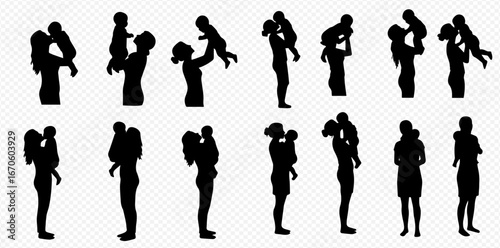 Silhouettes of mothers holding, carrying, and lifting their babies in various poses, showcasing maternal love and interaction.