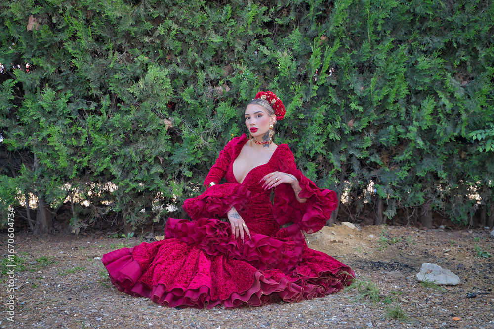 Fototapeta premium Young, beautiful, blonde woman in red flamenco dress, flowers in her hair and gold jewelry, performing flamenco poses sitting on the ground with green plants in the background. Concept dance, art.