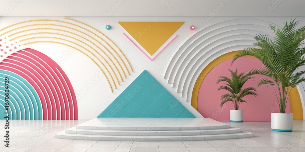 Fototapeta premium Pastel Geometric Stage Design with Plants, Interior Design, 3D Rendering