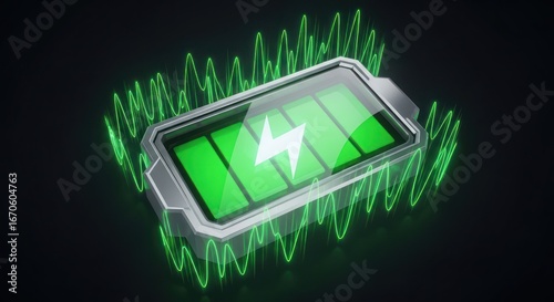 Battery with energy waves, green glow, on dark background