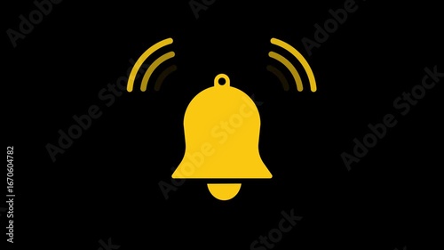Animated ringing bell icon on transparent background with alpha channel. Yellow notification alert symbol, alarm and reminder sign. Loop animation for interface, app, web, video editing and design