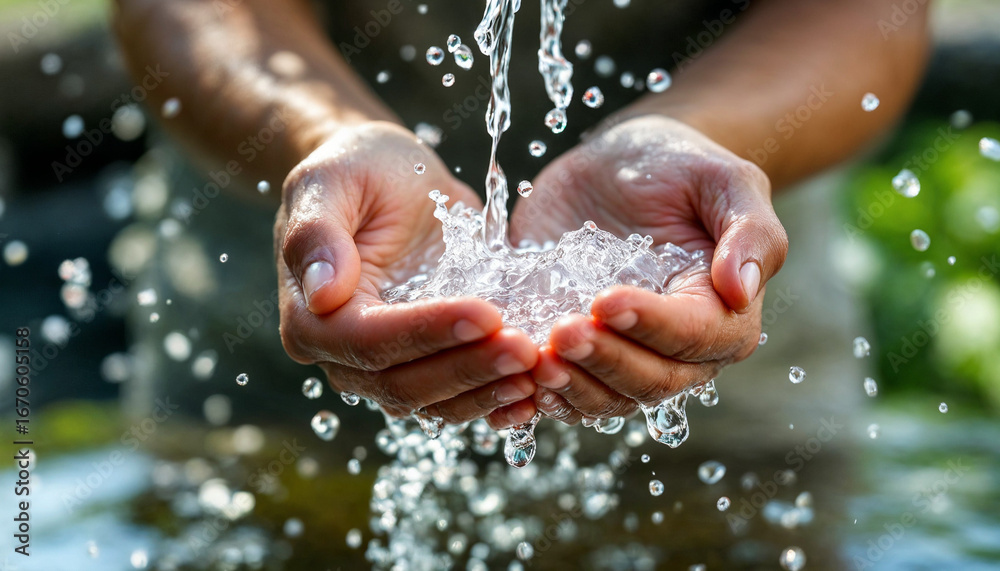 Fototapeta premium Hands cupped catching clear water with splashing droplets