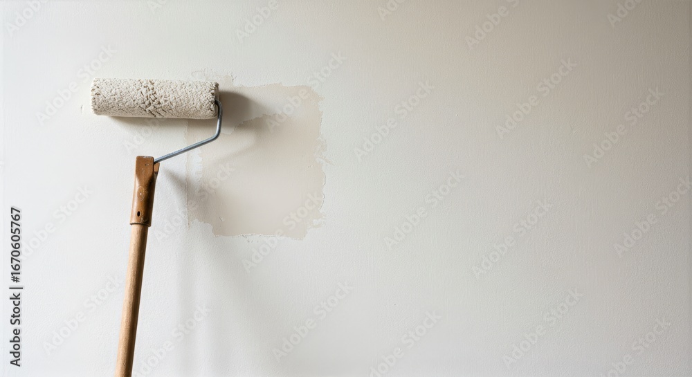 Obraz premium Soft natural light illuminates a paint roller beside patched wall with a light beige paint section and a wooden handle resting against it