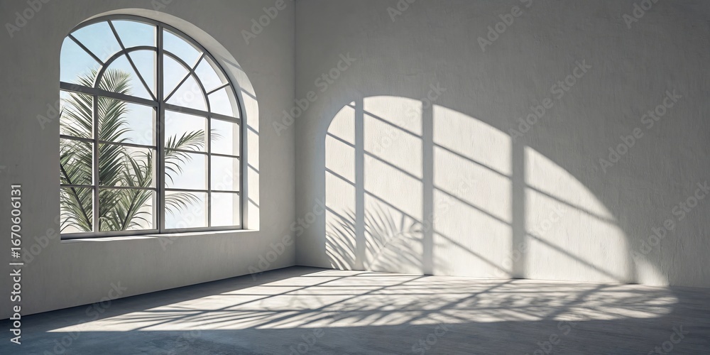 Fototapeta premium Sunlit Room with Arch Window and Palm Shadow, 3D Render, Interior Design, Minimalist Keywords Arch Window, Sunlight