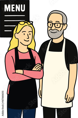 Smiling cafe owners wearing aprons standing together in front of restaurant menu board, small business teamwork, hospitality, partnership illustration concept.
