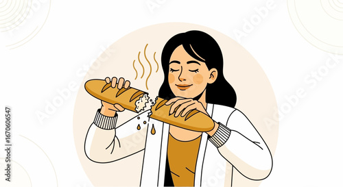 Woman Enjoying Freshly Baked Bread With Closed Eyes And Warm Smile