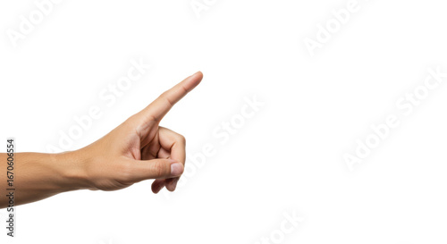 Clean light-skinned human hand, index finger extended, poised for precise digital interaction on a transparent studio background, ample copy space, concept of digital interaction and control