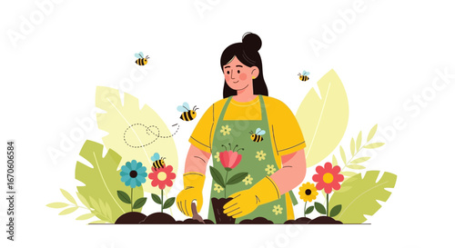 Woman Enjoying Gardening Planting Flowers With Bees Flying Around Illustration