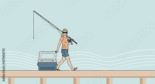 Woman Enjoying Leisure Time Fishing With Cooler In Summer Holiday Vacation