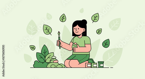 Woman enjoying painting pottery in a serene natural setting surrounded by leaves and greenery