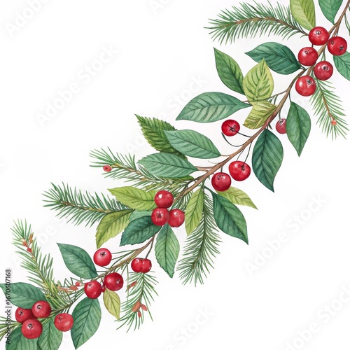Watercolor Winter Berries and Pine Branch Garland, Holiday Decor, Botanical Illustration, Christmas Winter Wreath, Festive Design