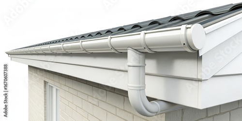 White PVC Gutter System on Brick House 3D Render,Roofing,Drainage, Gutter Installation Gutters, Drainage System