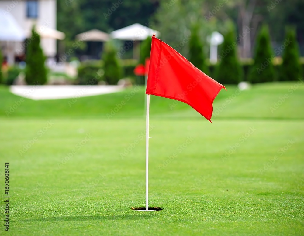 Obraz premium Red golf flag on a green fairway