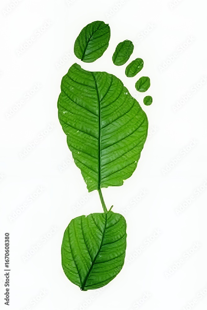 Obraz premium Vibrant Green Leaf Footprint Symbolizing Environmental Consciousness, Sustainable Living, and a Positive Impact on Nature. Eco-Friendly Footprint on a Pure White Background