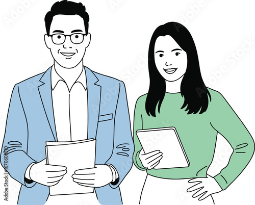 Business man and woman colleagues smiling with digital tablet and documents, teamwork collaboration illustration, professional office partnership, workplace communication concept.
