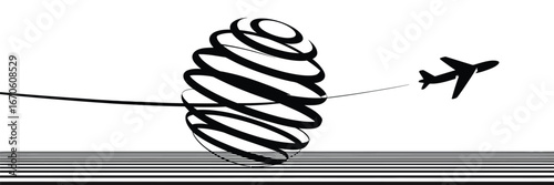 A black and white illustration of an airplane flying near a spiral sphere over a striped ground plane