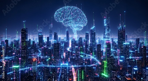 Fototapeta Naklejka Na Ścianę i Meble -  Digital brain glowing above a futuristic cityscape at night, symbolizing ai and smart city technology