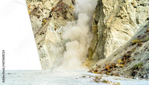 Mountain explosion, plumes of smoke