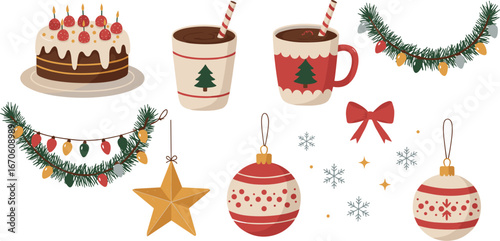 Festive christmas illustration with cake, hot chocolate, ornaments, and garland on transparent background