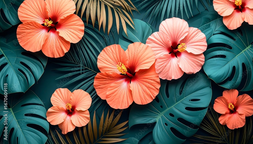 Obraz premium Tropical Hibiscus Flowers Leaves. (1)