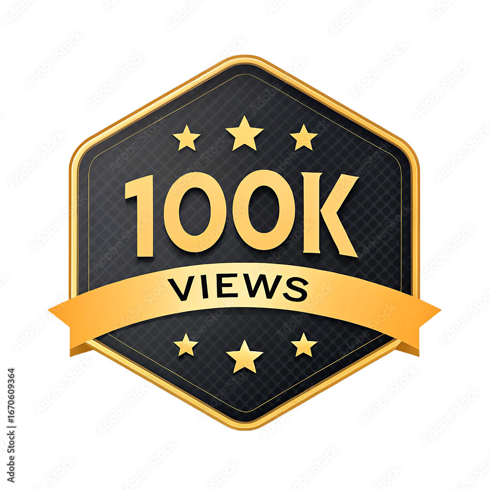 Naklejka premium Golden hexagonal badge celebrating 100k views with stars and ribbon against a black background