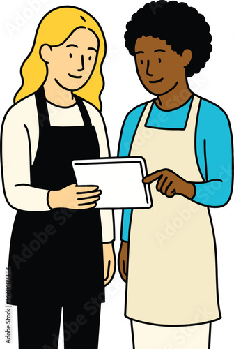 Two female coworkers wearing aprons discussing business plan on digital tablet, teamwork collaboration illustration, workplace communication, teamwork planning, modern workflow.