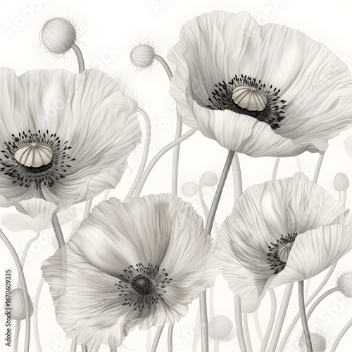 ultra-realistic minimalist pattern of grey and white tones creating harmonious balance with gentle lighting and refined surface texture poppy flowers vector illustration