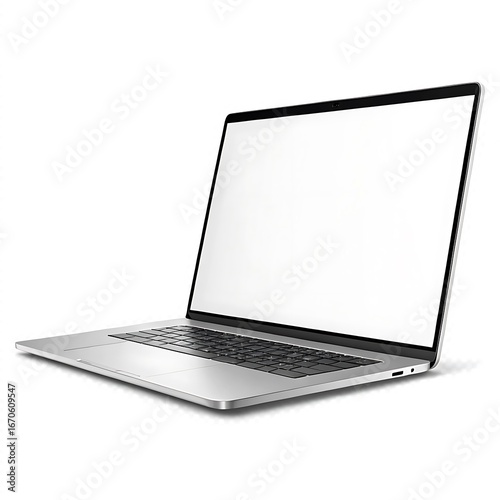 A silver laptop with a blank white screen is open and angled slightly on a white background studio shot