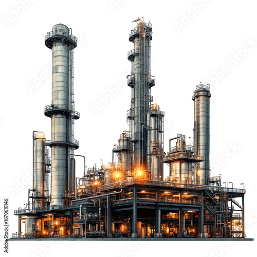 Modern industrial oil refinery complex with tall distillation towers at night transparent background